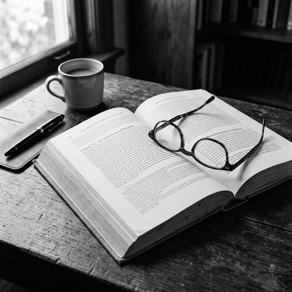 Open book with glasses on a desk